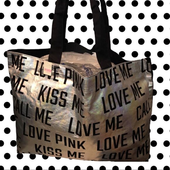 PINK brand silver /black graffiti tote Nwt - Picture 1 of 5